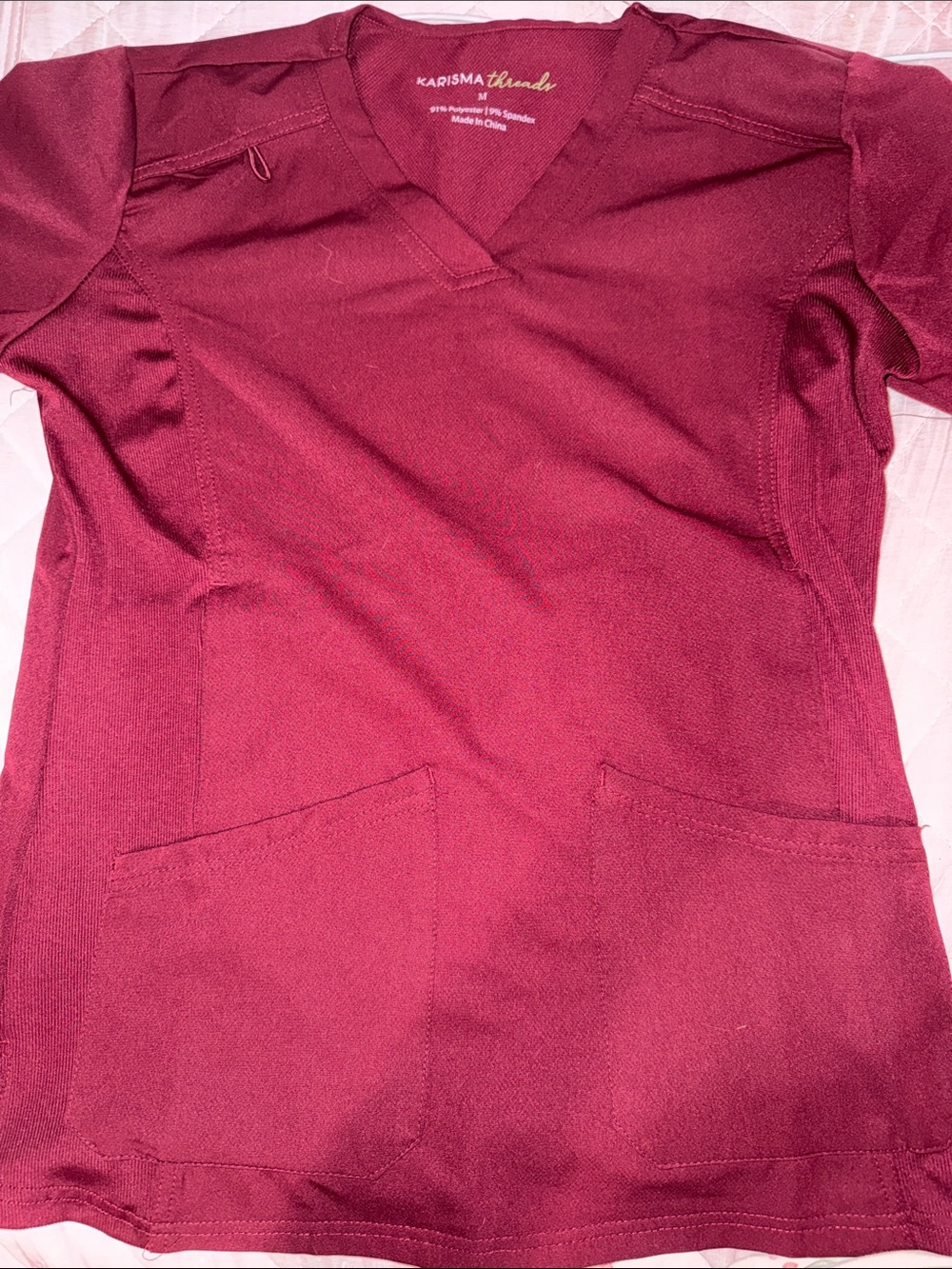 Women's Wine V-Neck Short Sleeve Scrub Top